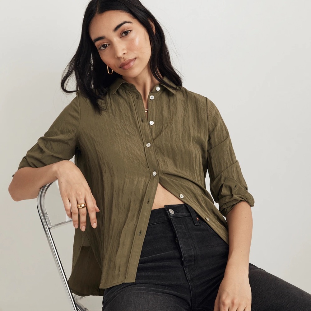 Madewell Crinkled Button-Up Shirt Desert Olive Size XS NWT